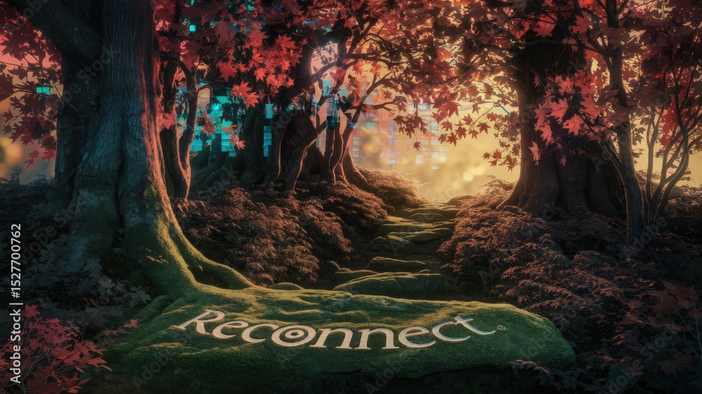 Fototapeta premium Enchanted forest pathway with glowing autumn leaves and moss-covered ground featuring the word Reconnect illuminated in soft light