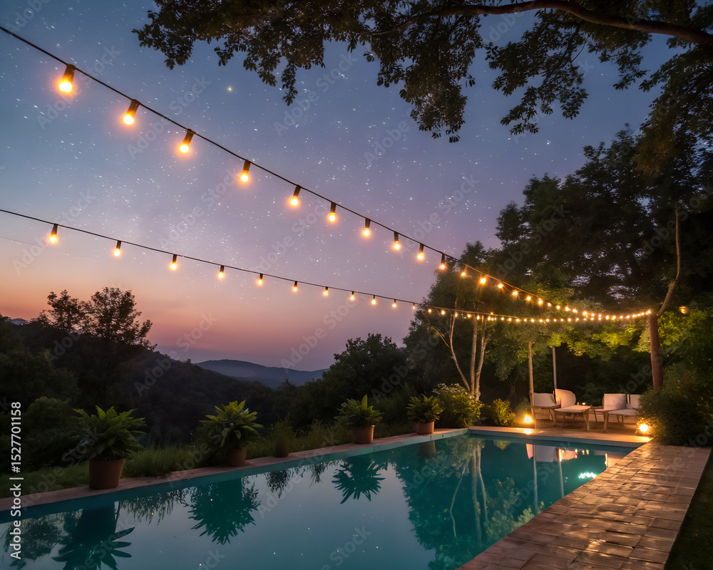 Fototapeta premium A serene outdoor pool area at dusk, illuminated by string lights. Lush greenery surrounds the pool, with mountains visible in the background.