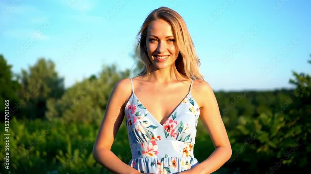 Woman smiles in floral dress outdoors Woman smiles in floral dress outdoors