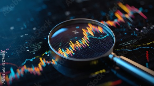 Magnifying Glass Focus on Stock Market Graph with Colorful Bar Chart