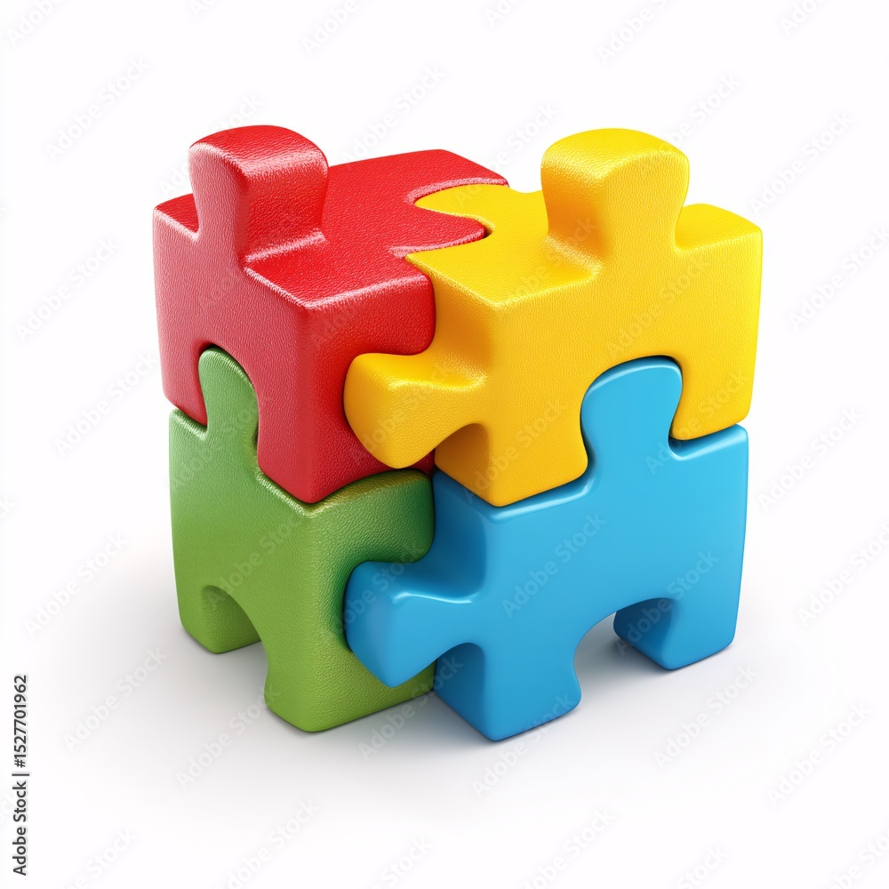 Obraz premium Four colorful interlocking puzzle pieces form a solid block.