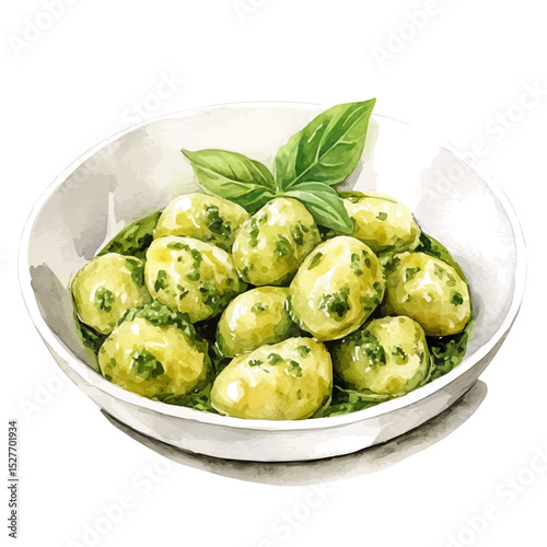 watercolor of Gnocchi With Pesto, vector high quality, isolated on a white background.