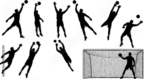 Set isolated Silhouette of male goalkeeper jumping to save goal. Female goalie during the save of a shot. Vector illustration.
