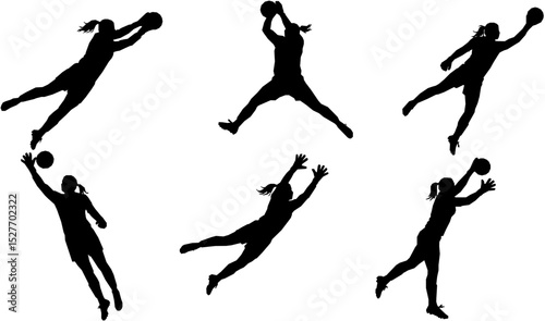 Set isolated Silhouette of female goalkeeper jumping to save goal. Female goalie during the save of a shot. Vector illustration.

