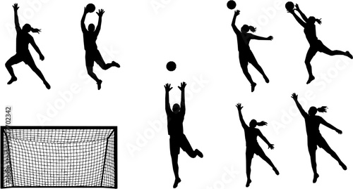 Set isolated Silhouette of male goalkeeper jumping to save goal. Female goalie during the save of a shot. Vector illustration.
