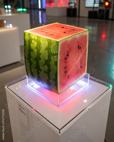 A cube-shaped watermelon displayed on a pedestal with LED lights. The watermelon has a vibrant green rind and pink flesh with black seeds visible.