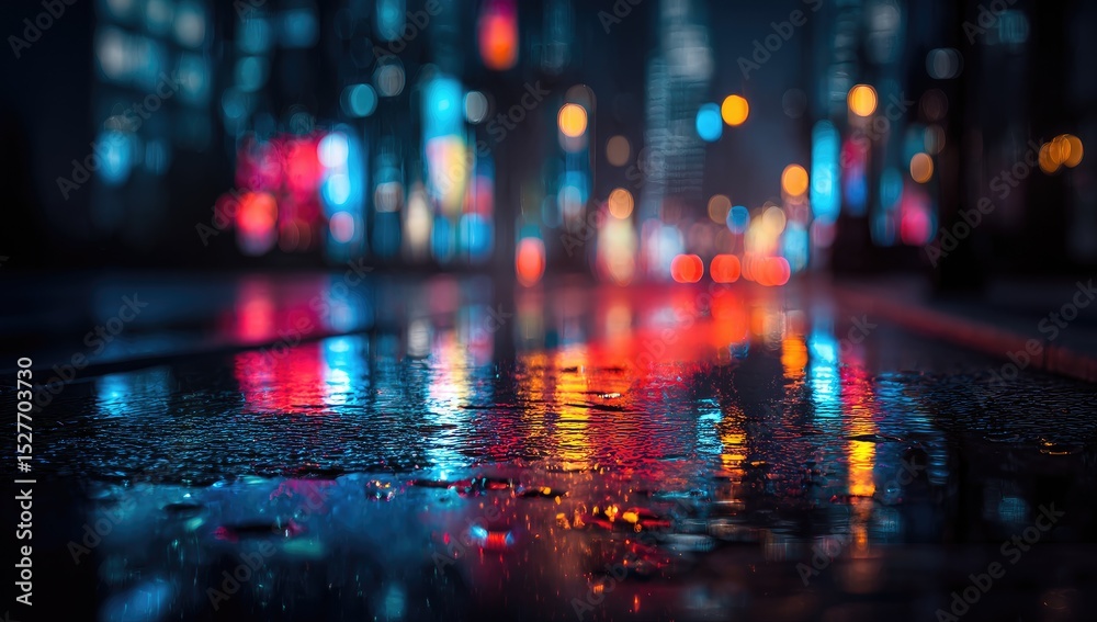 Obraz premium City street at night, wet asphalt reflecting vibrant lights