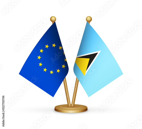 EU European Union and Saint Lucia flags mockup 3d illustration. Versus table flags of European Union and Saint Lucia transparent png photo