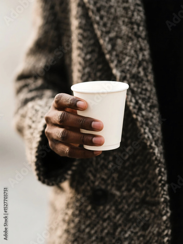 White paper cup held by dark skin hand in textured coat, close-up editorial crop with soft background for lifestyle branding mockup