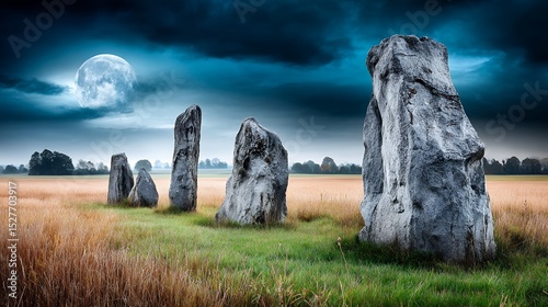 Mysterious Moonlit Stonehenge at Night Ancient Standing Stones in a Serene Field