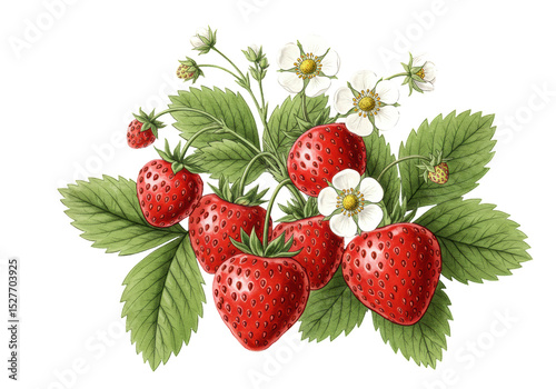 Isolated Strawberries Flowers Vintage Botanical Illustration