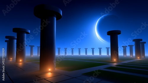 Night Landscape with Crescent Moon and Glowing Pillars