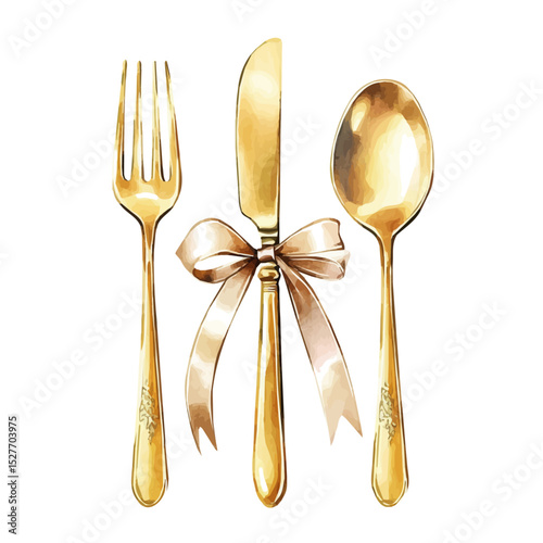 Golden Cutlery Set With Ribbon Tie, watercolor vector, high quality, isolated on a white background.