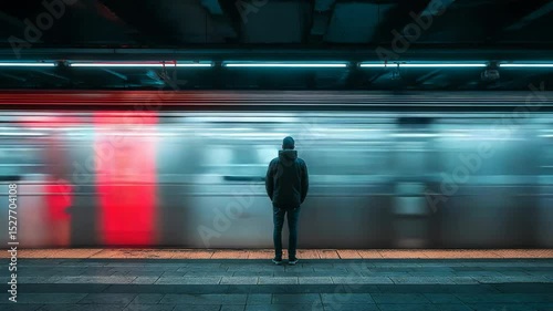 A lone figure stands on a subway platform, watching a speeding train with streaks of red and blue lights.