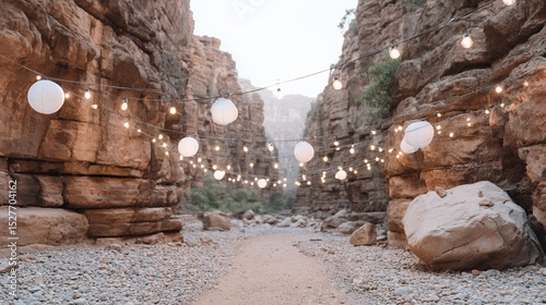 Pathway Through a Canyon with String Lights and Paper Lanterns at Dusk