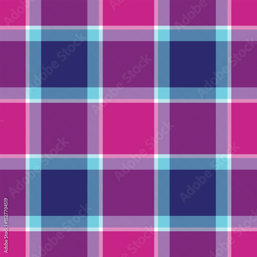 Classical fabric background seamless, summertime tartan plaid pattern. Elementary textile check vector texture in pink and indigo colors.