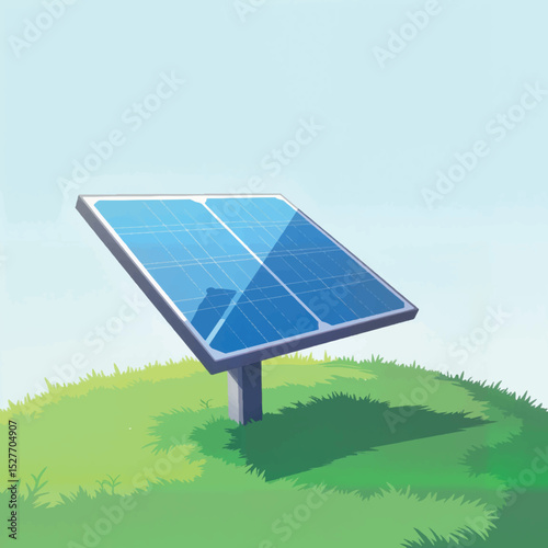 Solar panel glowing on grassy hill under clear skies, renewable energy