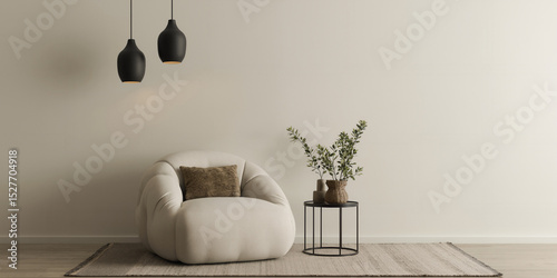 Minimalist modern living room interior with cozy beige armchair, black pendant lights, and green houseplant on neutral rug
