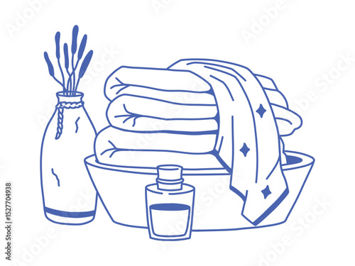Doodle isolated vector illustration of bathroom still life. Basket with towels, a vase with dried flowers, and a jar. Blue outline composition for cozy home interior and hygiene themes.