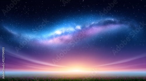 Vibrant Pink Flower Field at Night Under a Colorful Galaxy