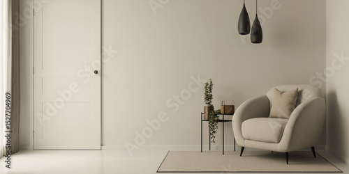 Minimalist modern living room interior with cozy beige armchair, black pendant lights, and green houseplant on neutral rug
