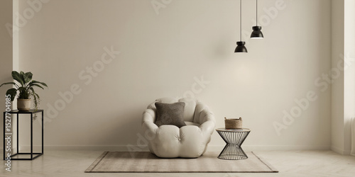 Minimalist modern living room interior with cozy beige armchair, black pendant lights, and green houseplant on neutral rug
