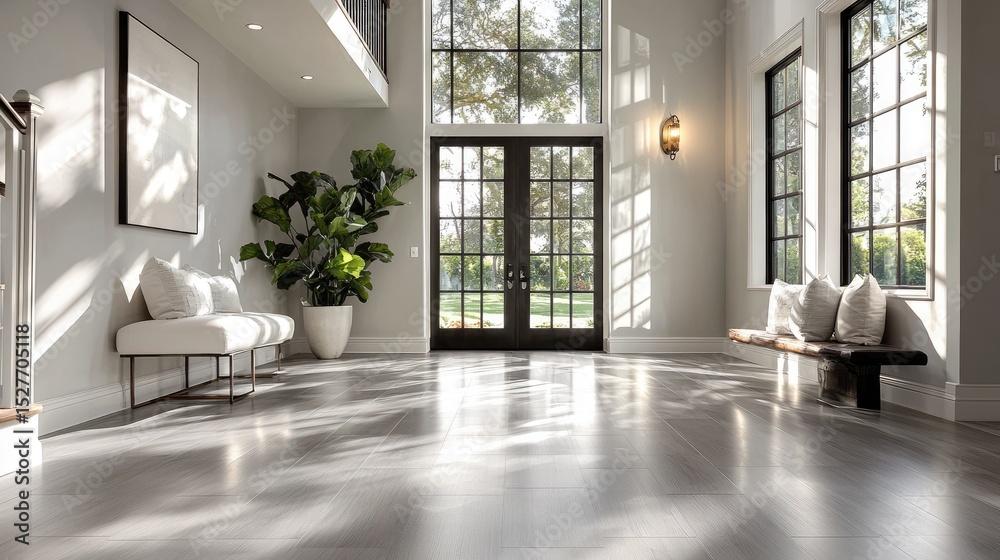 Fototapeta premium Spacious Interior with Gray Laminate Floors and Natural Light