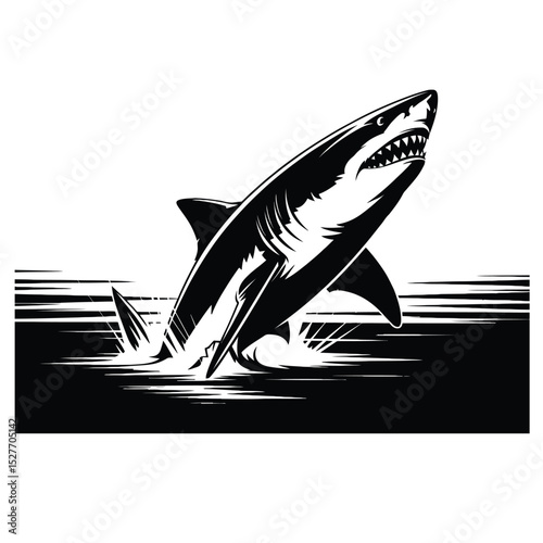  Striking black and white vector poster of a great white shark breaching the water surface
