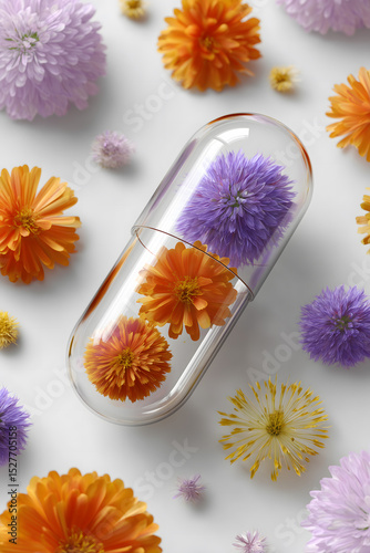 Transparent capsule filled with colorful flowers, surrounded by more flowers. The image is a vibrant representation of natural remedies and holistic healthcare.