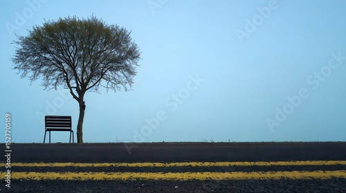Banc solitaire et arbre denude sur fond bleu avec lignes jaunes a...