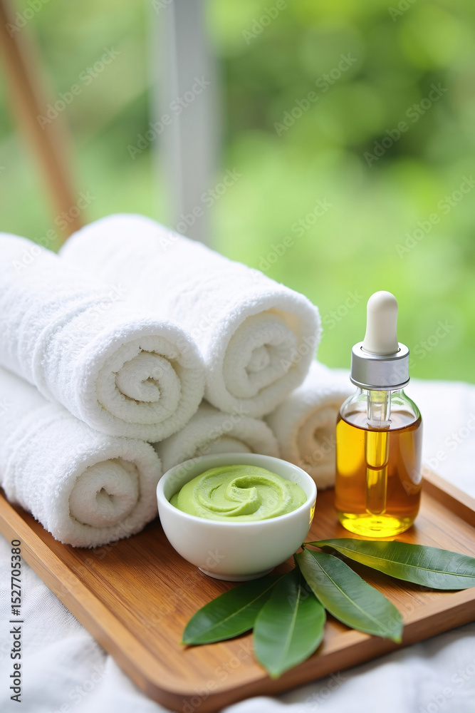 Vertical composition showing neatly folded white towels, bowl with neem paste, oil dropper bottle, and fresh neem leaves arranged on bamboo tray in modern ayurvedic spa setting. Vertical composition showing neatly folded white towels, bowl with neem paste, oil dropper bottle, and fresh neem leaves arranged on bamboo tray in modern ayurvedic spa setting.