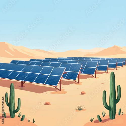 Solar panel farm in desert landscape under clear sky, renewable energy