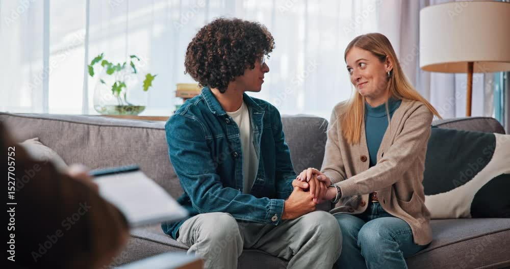 Couple, counseling and holding hands on sofa, service or therapist for pre marital course in office. Happy, man and woman with psychologist for communication skills, consultation and people on couch