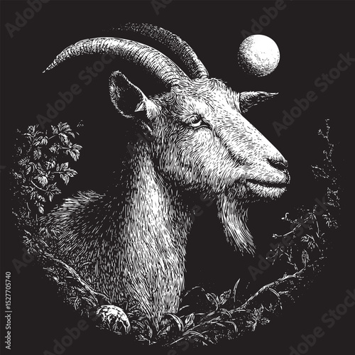 Black and white vector illustration of a goat emerging from the bushes at night, illuminated by the moon