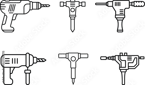 Minimalist Line Art Set of Six Power Tools in Black and White
