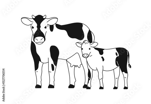 Milk dairy cow and calf standing together. Spotted farm animals, cattle family, mother and baby livestock with black spots. Linear outlined flat vector illustration isolated on white background