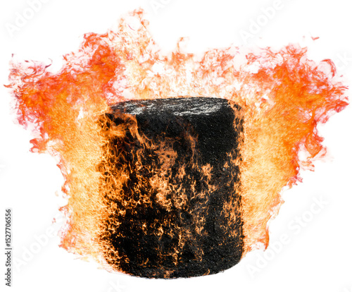 A dark cylinder engulfed in bright orange flames and smoke against a transparent black background view isolated white background