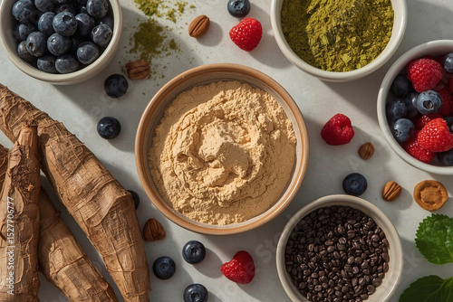 Overhead shot of maca powder in ceramic bowl with raw maca roots and vibrant superfoods including berries, chia seeds, and matcha, natural sunlight, clean wellness kitchen styling, earthy colors photo