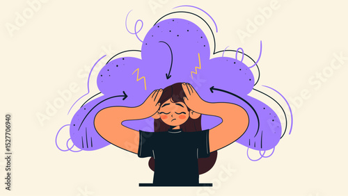 Stress nervous breakdown concept. Tired stressed woman holding hands on head exhausted of overwork and having anxiety problems. Mental disorder. Doodle isolated vector illustration.