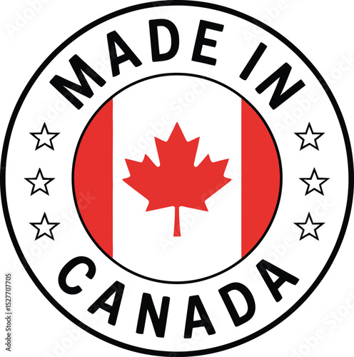 Made in Canada Label with Canadian Flag and Stars in Circular Design