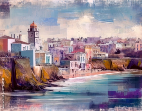 Stylish modern drawing, pop art designed city streets, skyline silhouette of algarve, coastal town with a beach. The vibrant colors and brushstrokes create a lively scene. . Tourism concept.