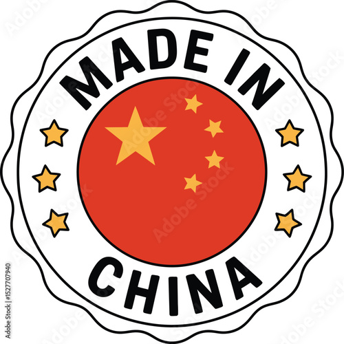 Cartoon Made In China Seal with Flag and Yellow Stars Against White Background