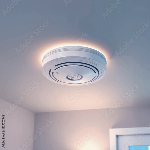 Modern smoke detector mounted on ceiling in calm interior, safety awareness