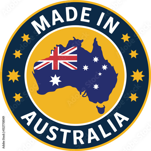 Round Made in Australia Label Featuring Australian Map, Flag, and Golden Stars Illustration