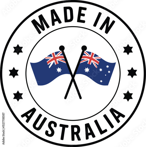 Black and White Made in Australia Seal with Two Australian Flags and Stars Graphic