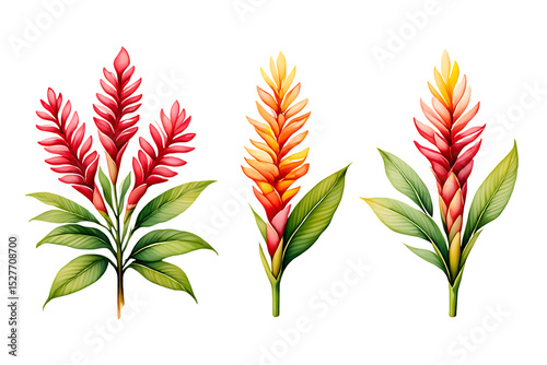 Exquisite watercolor renderings of ginger flowers with green leaves on transparent background