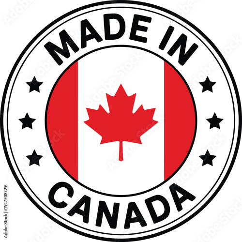 Made in Canada Stamp Canadian Flag with Red Maple Leaf, Black Stars, Circular Design