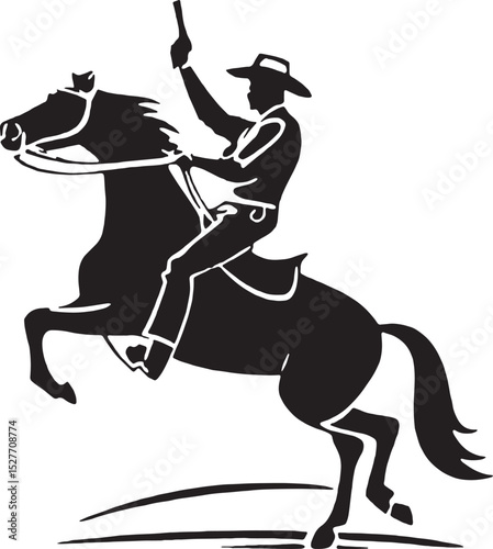 Dynamic silhouette of a cowboy riding a rearing horse. Perfect for Western-themed prints, rodeo posters, and digital art.