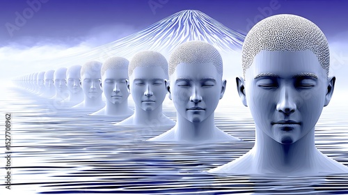 Serene Digital Art Row of Heads in Blue Water with Mountain Background