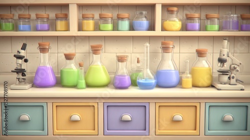 Vibrant cartoon science lab featuring microscopes, beakers, colorful potions on shelves and laboratory workspace
